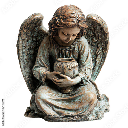 Bronze Angel Holding Urn Isolated on Transparent Background