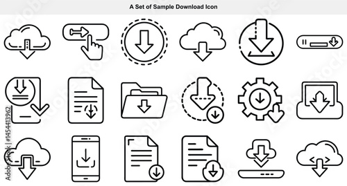 Various icons showcase download actions, depicting files, clouds, and devices with simple line art