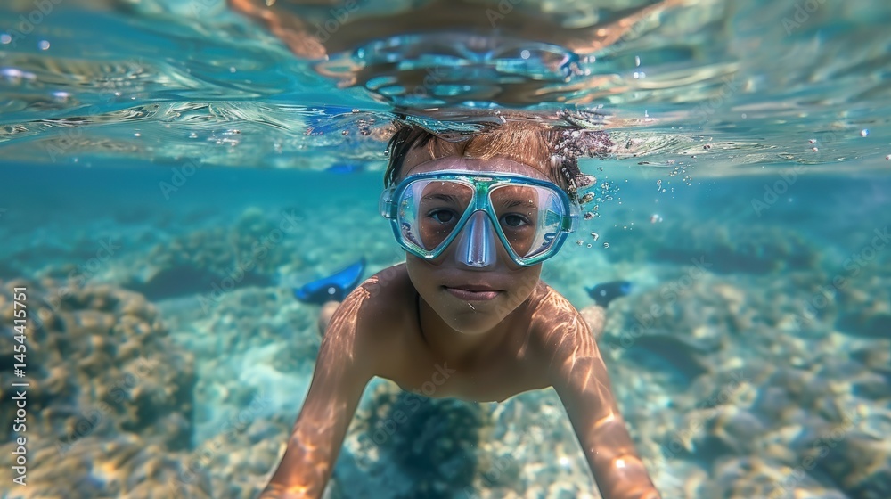 Naklejka premium Boy Snorkeling in Clear Waters