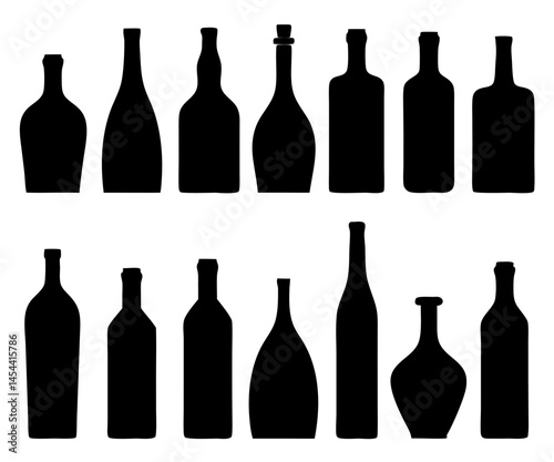 Bottle Silhouettes Icon Set — Cosmetic, Medicine, Drink,Prosecco, Wine, Plastic & Cola Bottle Icons
