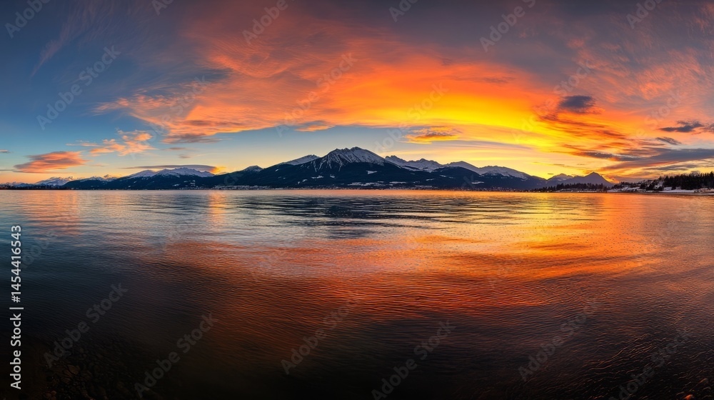 Naklejka premium Vibrant sunset over Austrian mountain alps, panoramic view, warm golden light