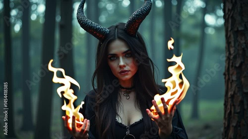 Woman as demonic creature with horns in dark forest. Eerie fantasy portrait with flames. Halloween horror concept, gothic character