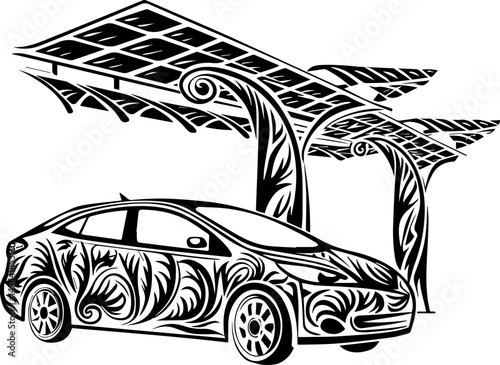 EV charging infrastructure for sustainable electric mobility SVG vector. Artistic Design of Solar Carport with Decorative Car Illustration