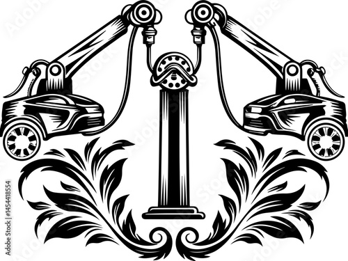 EV charging infrastructure for sustainable electric mobility SVG vector. Robotic Arms Dual Design with Vintage Ornate Elements and Detail