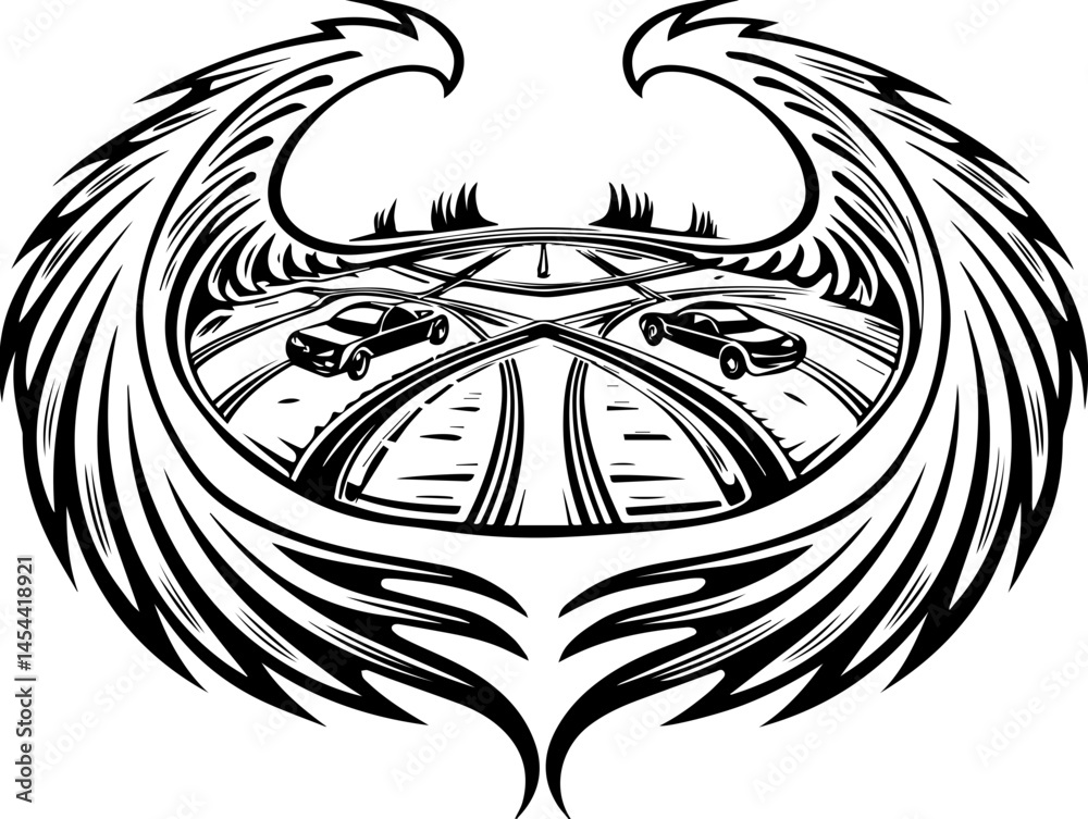 Obraz premium EV charging infrastructure for sustainable electric mobility SVG vector. Abstract Black and White Art of Cars with Wing Motif Design