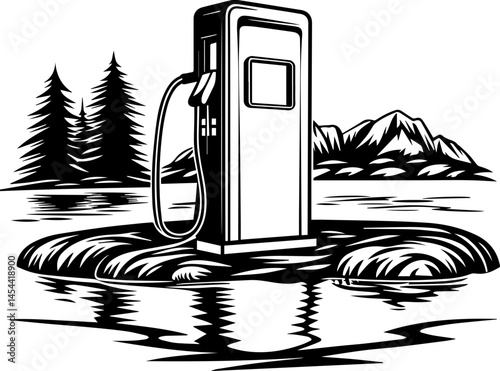EV charging infrastructure for sustainable electric mobility SVG vector. Isolated Gas Pump on a Serene Island Landscape with Reflection