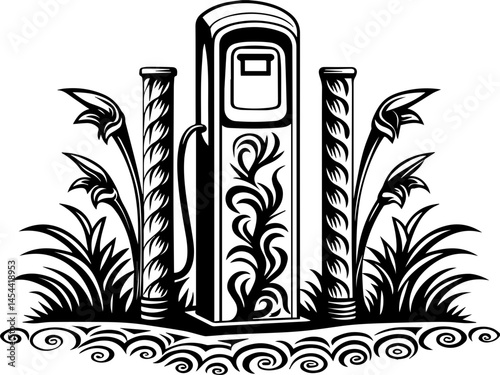 EV charging infrastructure for sustainable electric mobility SVG vector. Vintage Gas Pump Surrounded by Floral Elements and Grass Design