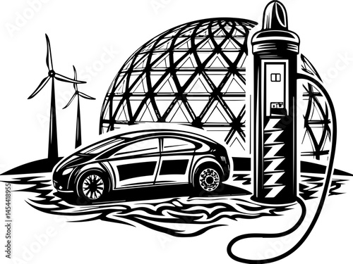 EV charging infrastructure for sustainable electric mobility SVG vector. Electric vehicle charging station with renewable energy background