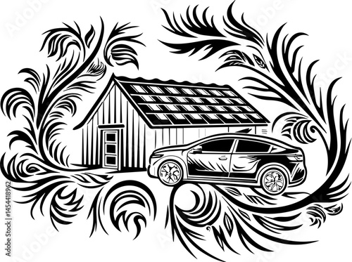 EV charging infrastructure for sustainable electric mobility SVG vector. Car and House with Solar Panels Surrounded by Decorative Leaves Design