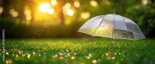 Transparent Umbrella on Grassy Field, Golden Hour