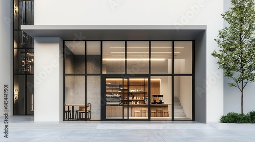 Minimalist stainless steel coffee shop exterior with smooth metallic facade, frameless glass entrance, and warm interior contrast