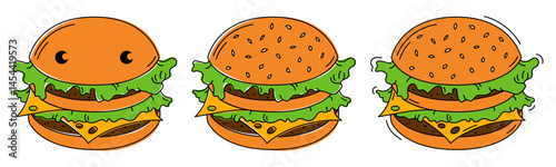 A delicious burger on a fluffy bun with healthy green iceberg lettuce, tender melting thin cheese, a juicy cutlet, sprinkled with sesame seeds. Vector image in different drawing styles will suit your 