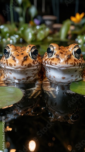 Two frogs on lily pads