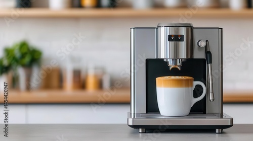 Futuristic stainless steel coffee machine setup with touchless technology, seamless metallic surfaces, and soft LED backlighting