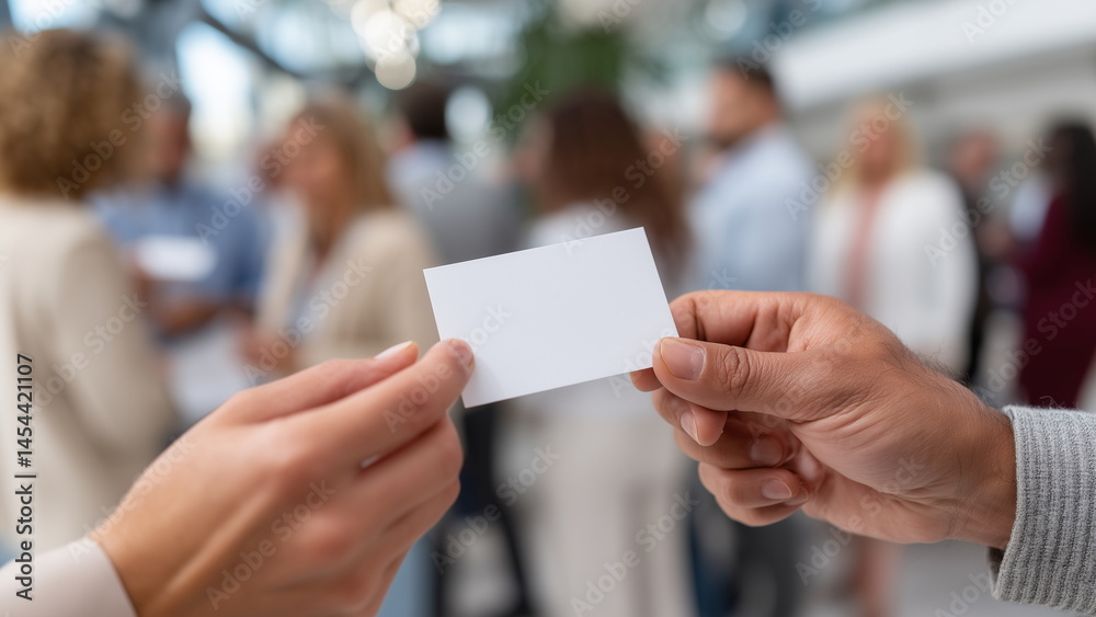 Close-up of hands exchanging white empty business cards at a networking event, blurred crowd in the background, natural lighting. Close-up of hands exchanging white empty business cards at a networking event, blurred crowd in the background, natural lighting.