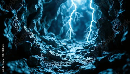 Fractured schist rock shows gray, silver scales, white streaks, crystals, and dark shadows in a grotto.
