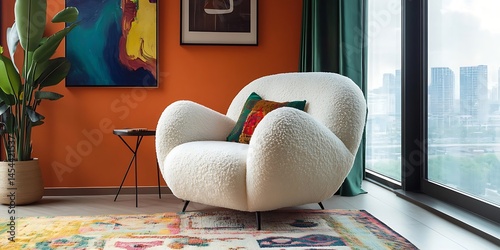 A large round white boucle armchair, opposite the view window, to watch the bustling city outside.  Orange mood. Sixties inspiration. 
