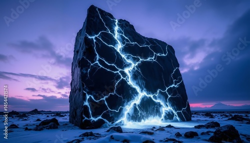 A massive black monolith with white fractures stands under a twilight sky, radiating coldness and serenity.