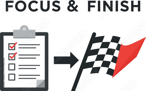 Focus and finish checklist with racing flag vector illustration for productivity and goal setting projects 