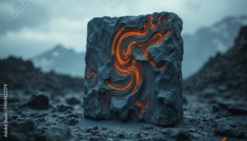 Weathered lodestone monolith shows grey, gunmetal, orange swirls, slate grooves in a volcanic landscape.