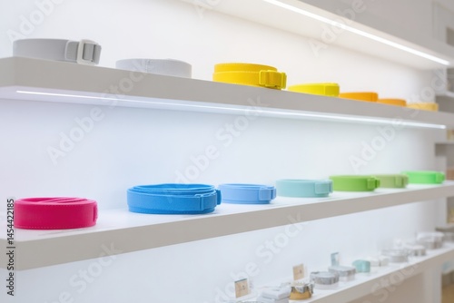 Wallpaper Mural colorful display of pet supplies neatly arranged on clean minimalist shelves with ample copy space above Torontodigital.ca