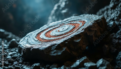 Massive grey lodestone with red and brown iron patterns, silver highlights, in a dark industrial setting.