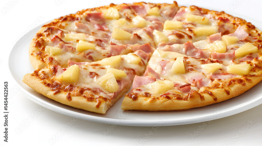 Classic Hawaiian Pizza with Ham and Pineapple Toppings on a White Plate, Perfect for Any Gathering Classic Hawaiian Pizza with Ham and Pineapple Toppings on a White Plate, Perfect for Any Gathering