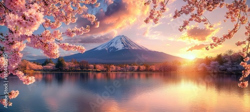 Mount fuji reflecting at sunset with cherry blossoms in pink bloom