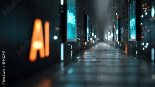 Immersive digital corridor of blue binary code and ai visualization