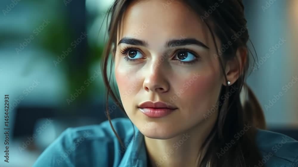 This video features a captivating close-up of a woman lost in thought. Perfect for emotional narratives and introspective moments. Capture the essence of reflection. AI This video features a captivating close-up of a woman lost in thought. Perfect for emotional narratives and introspective moments. Capture the essence of reflection. AI