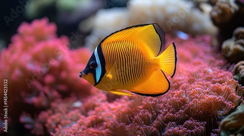 Vibrant orange and black fish in coral reef tank