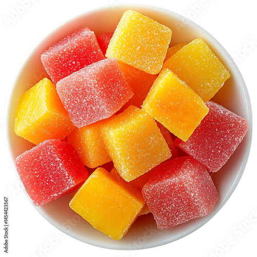Bowl of Gums with Radiant Candy Fruit Pop Mango Peach Vibrant Mix Isolated on Transparent Background