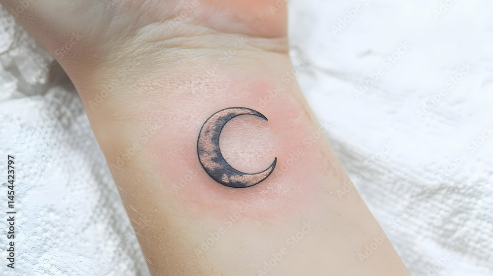 Fototapeta premium Small crescent moon tattoo on wrist. Delicate design with shaded moon