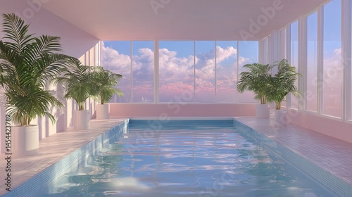 surrealistic swimming pool, jared pike style, backrooms, liminal space, dream atmosphere, sun warm light, clouds, interior plants, blue soft-pink, Ultrarealistic. photo