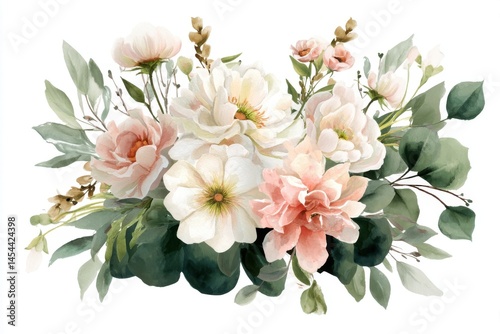Elegant watercolor floral composition with soft pink petals, ivory blossoms, and vibrant green leaves ideal for chic home decor and artistic projects