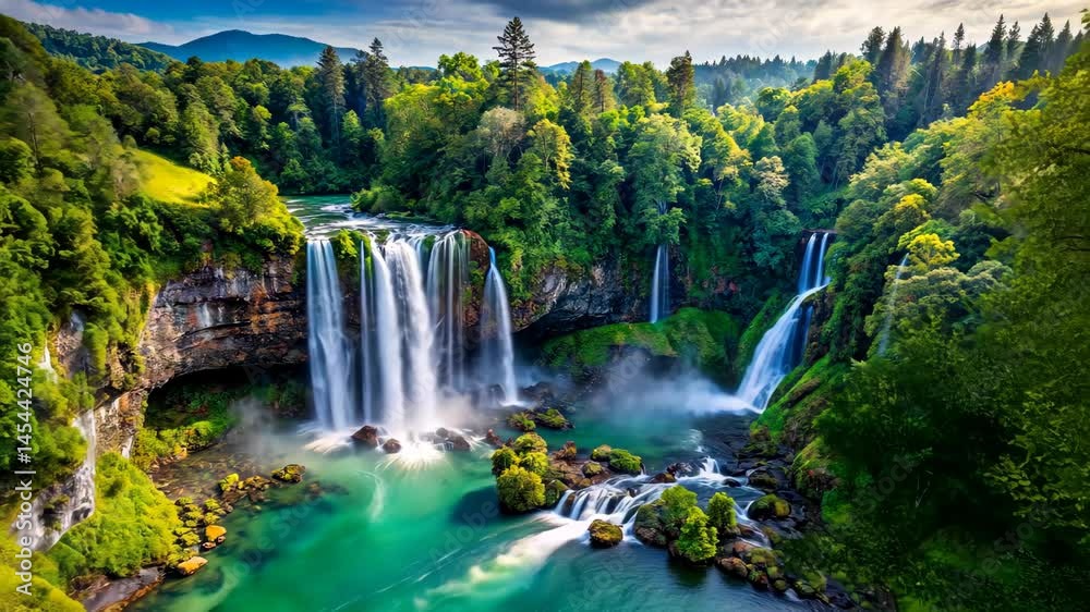 Majestic waterfalls cascade into a vibrant turquoise pool amidst a lush green forest