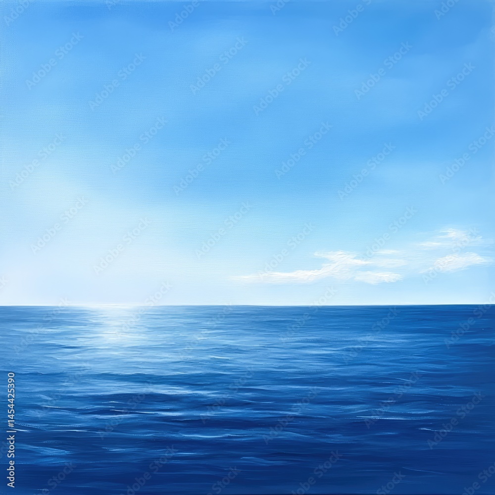 Calm ocean, bright sky. Vast expanse of deep blue ocean meets a clear, bright blue sky dotted with small, fluffy white clouds. Sunlight reflects gently on the water's surface Calm ocean, bright sky. Vast expanse of deep blue ocean meets a clear, bright blue sky dotted with small, fluffy white clouds. Sunlight reflects gently on the water's surface
