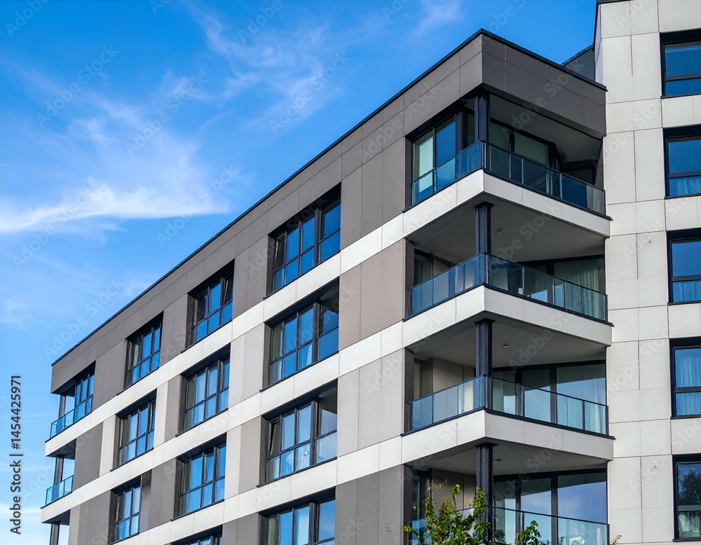 Modern apartment building with balconies against a blue sky. Ideal for real estate, architecture, and design projects. Modern apartment building with balconies against a blue sky. Ideal for real estate, architecture, and design projects.