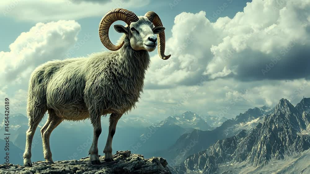Majestic ram stands atop rocky peak with breathtaking mountain landscape in the background during a clear day