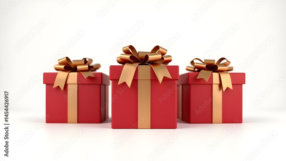 Three Red Gift Boxes with Gold Bows on Clean Background – Perfect for Sales, Promotions, and Gift Announcements Three Red Gift Boxes with Gold Bows on Clean Background – Perfect for Sales, Promotions, and Gift Announcements