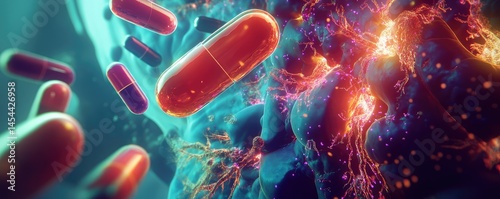 Futuristic 3D visualization of multivitamins interacting with human body.