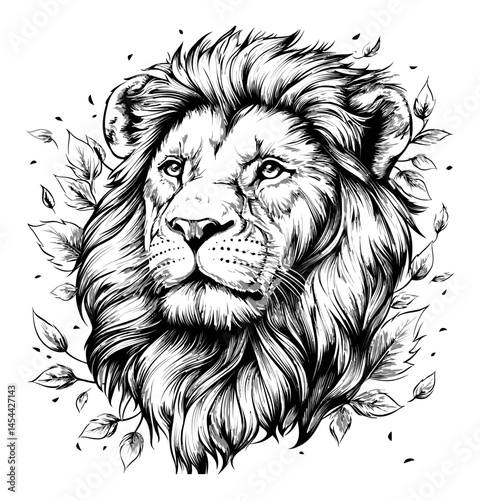 Majestic Lion Head with Intricate Leaf Surrounding for Artistic Inspiration