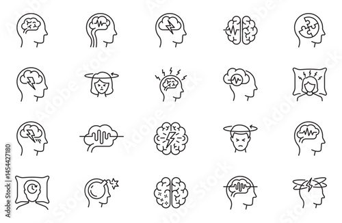 Neurology line icon set, such as Alzheimer's disease, spinal injury, insomnia, memory impairment and more. Editable stroke. Simple line vector illustration.
