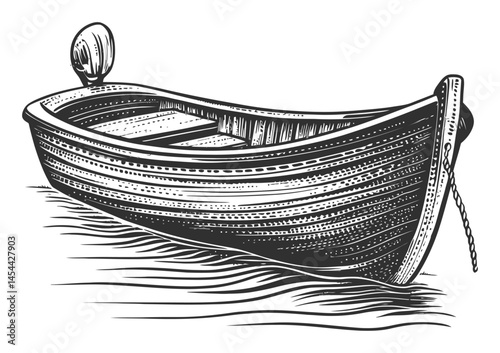 Vintage Illustrative Sketch of an Old Wooden Boat on Water Surface