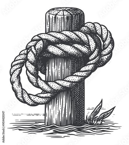 Hand-Illustrated Nautical Scene with Rope Wrapped Around Wooden Post