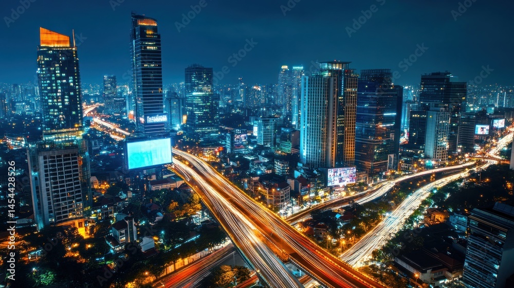 Aerial view of a bustling city at night, illuminated by lights of towering skyscrapers and a complex highway network Aerial view of a bustling city at night, illuminated by lights of towering skyscrapers and a complex highway network