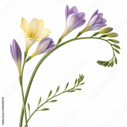 Freesia 3D rendered flower delicately isolated on a white background with vibrant colors and intricate details
