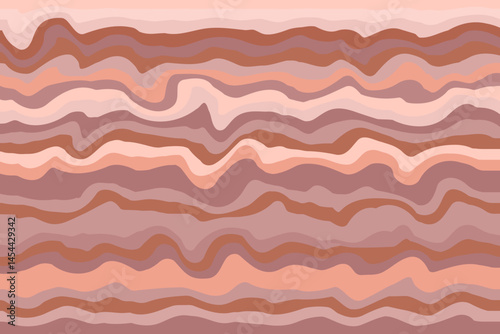 Abstract artwork featuring wavy, horizontal lines in various shades of brown, beige, and tan, resembling a topographical map or geological strata. 