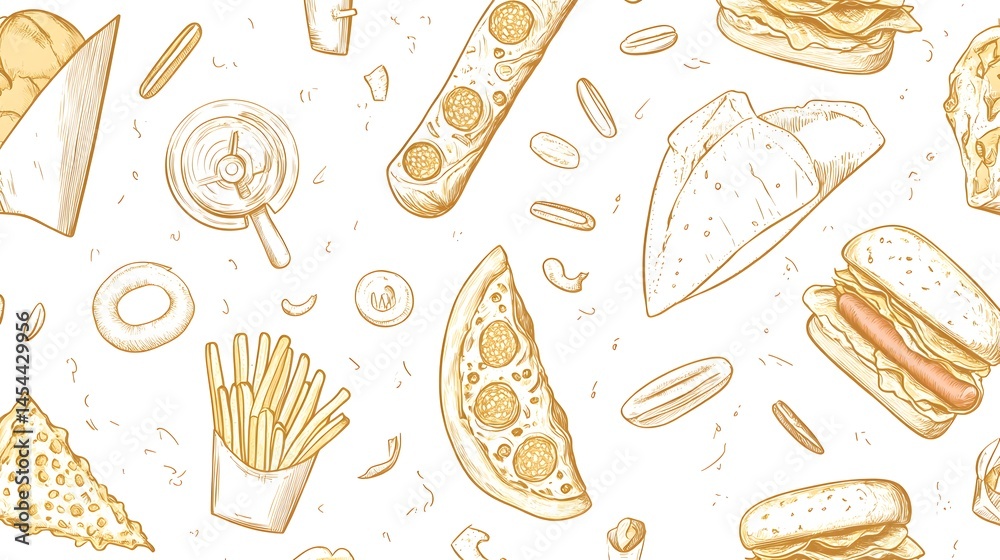 Hand-drawn fast food pattern on white background. Hand-drawn fast food pattern on white background.