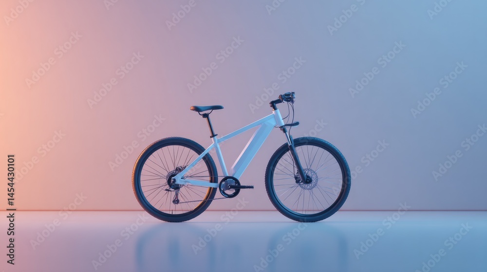 Fototapeta premium lone electric bicycle stands upright on polished floor illuminated under subtle lighting minimalist style